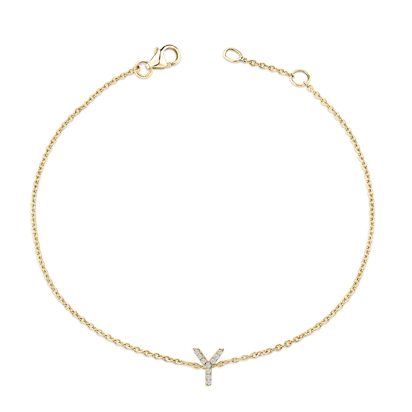 Yellow metal bracelet with a delicate chain and a central letter Y pendant set with small white gemstones, shown flat from a top-down angle.