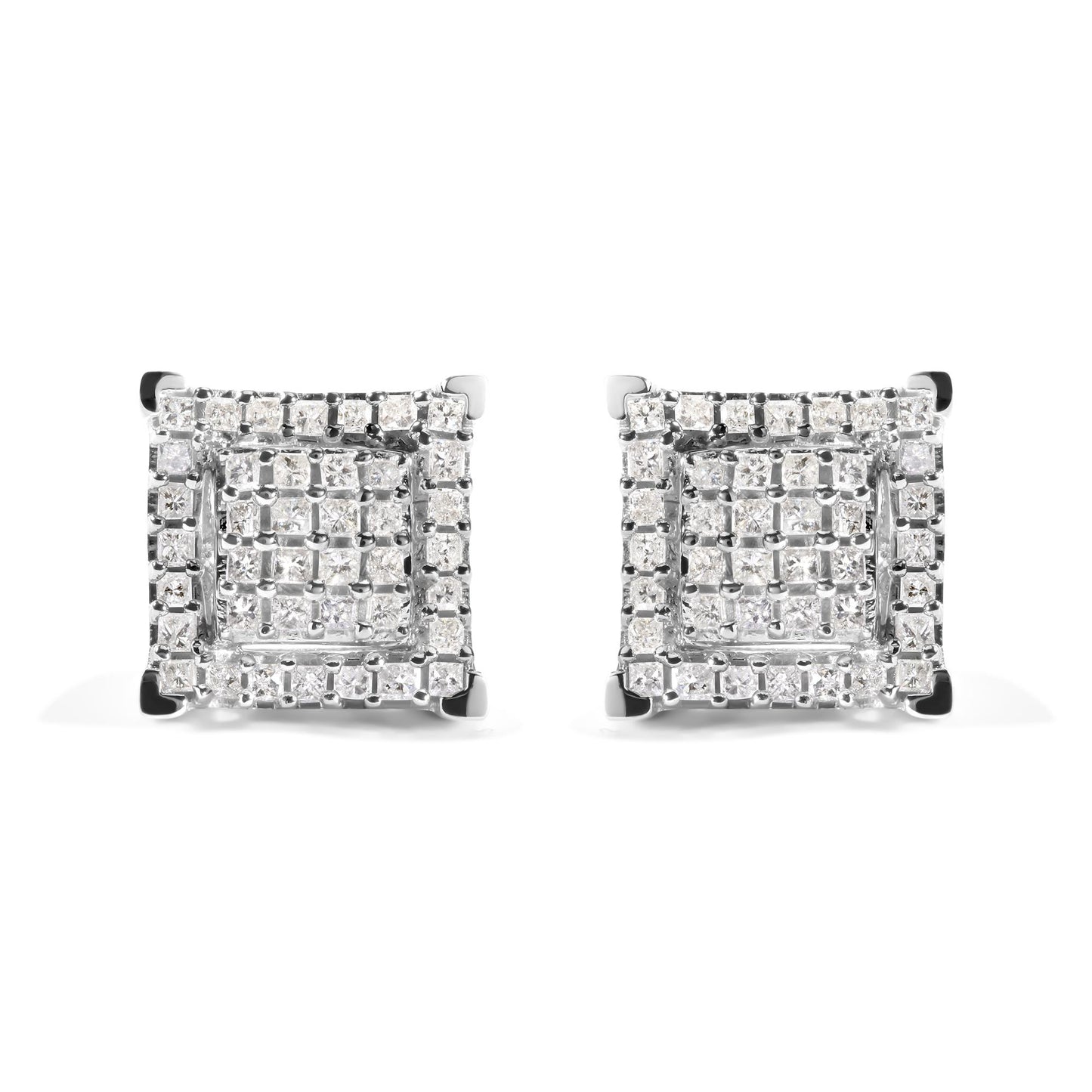 Front view of a pair of square white metal stud earrings featuring multiple rows of princess-shaped white gemstones in prong settings.