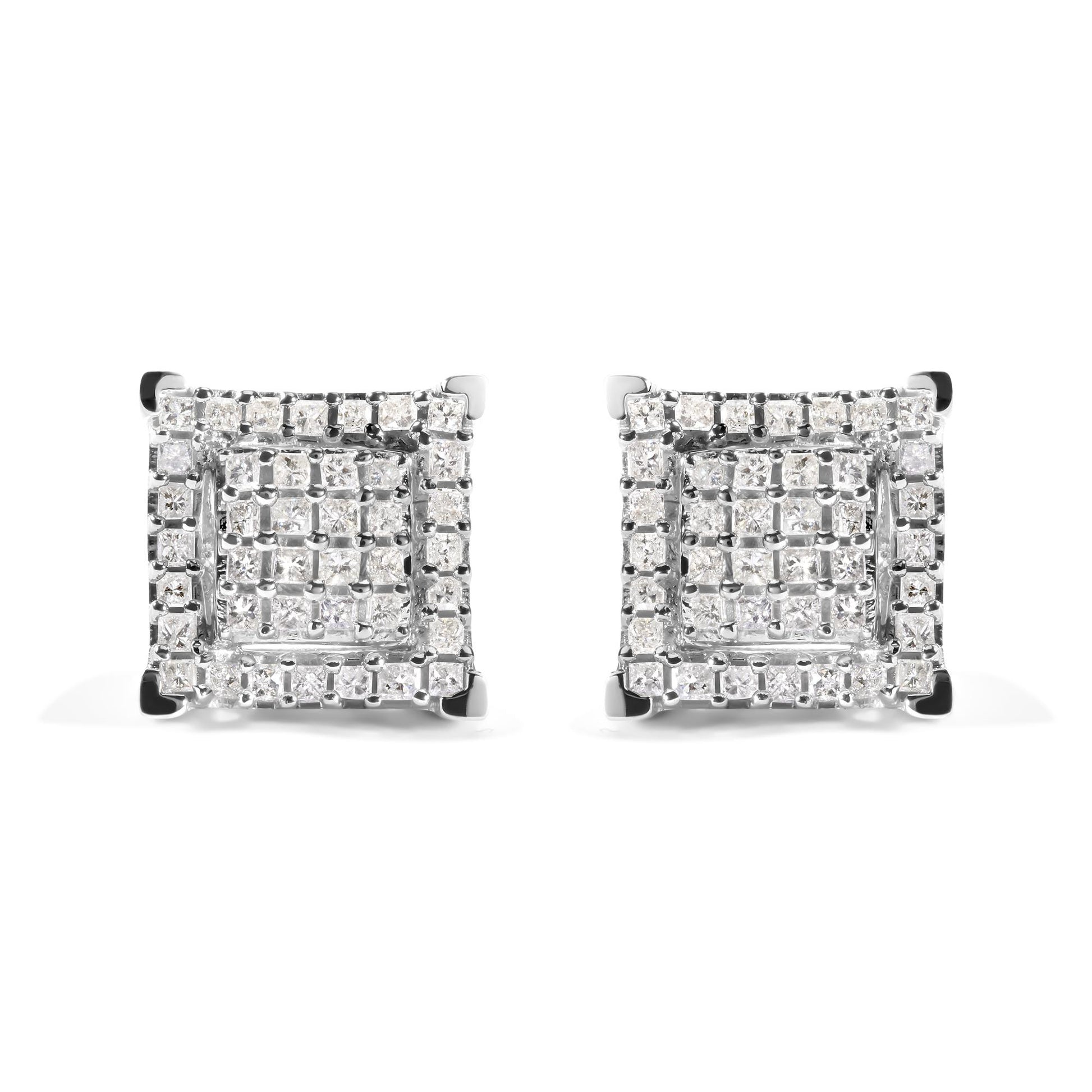 Front view of a pair of square white metal stud earrings featuring multiple rows of princess-shaped white gemstones in prong settings.