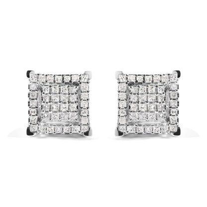 Front view of a pair of square white metal stud earrings featuring multiple rows of princess-shaped white gemstones in prong settings.