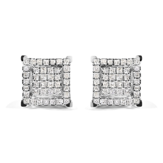 Front view of a pair of square white metal stud earrings featuring multiple rows of princess-shaped white gemstones in prong settings.