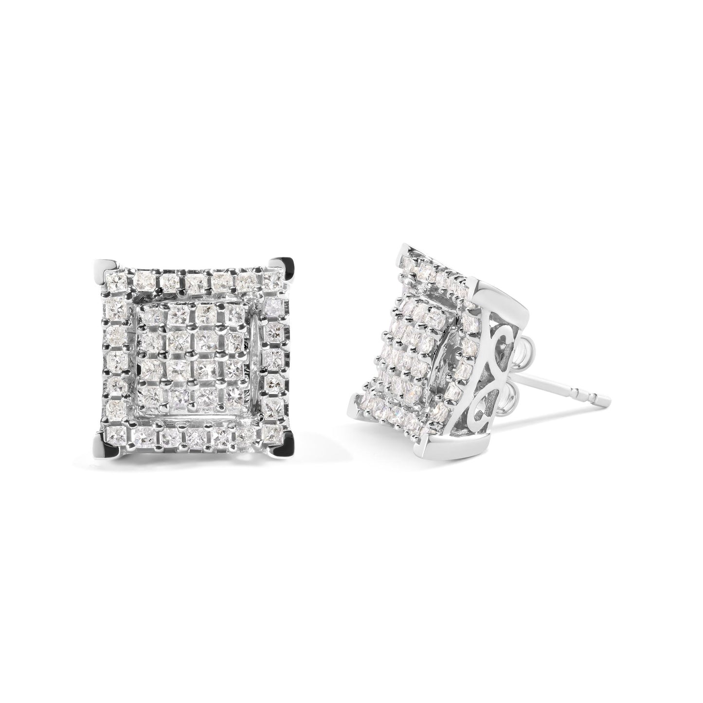 Pair of square-shaped white metal earrings with prong-set white princess-shaped gemstones, shown from front and side angles on a white background.