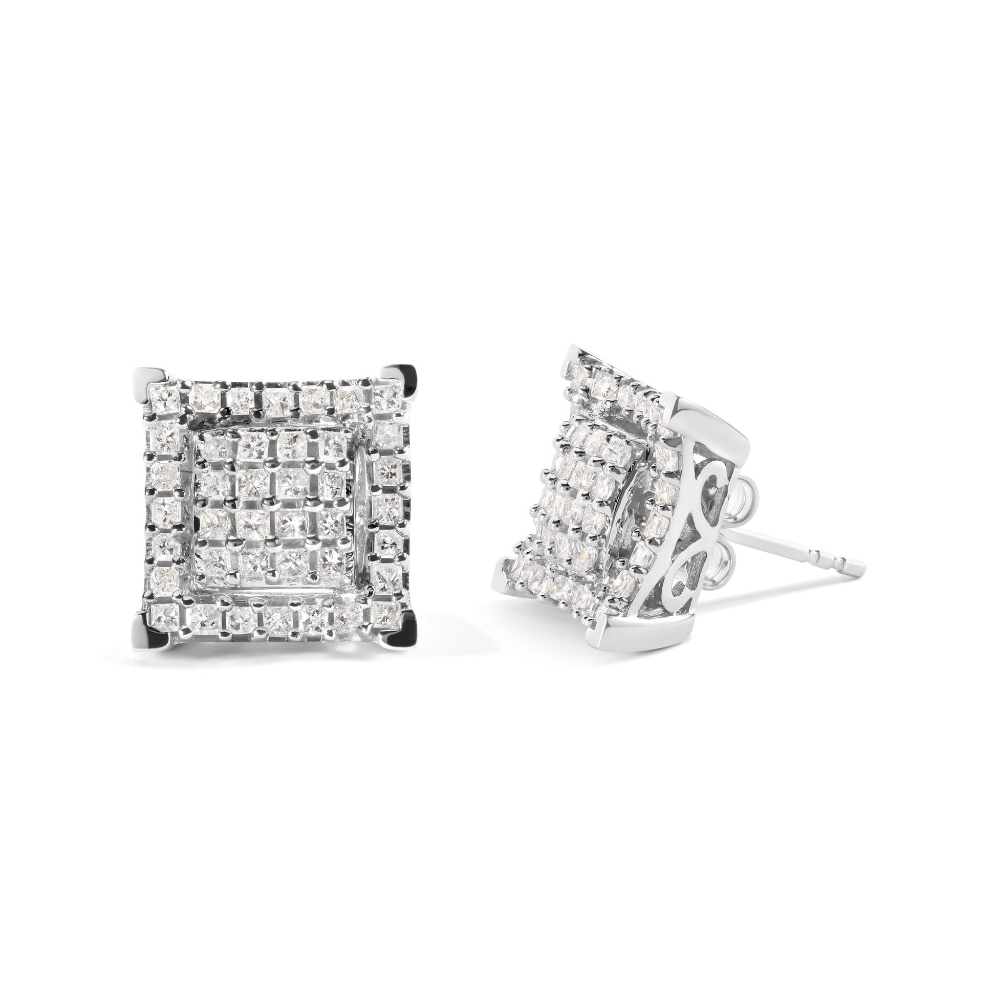 Pair of square-shaped white metal earrings with prong-set white princess-shaped gemstones, shown from front and side angles on a white background.