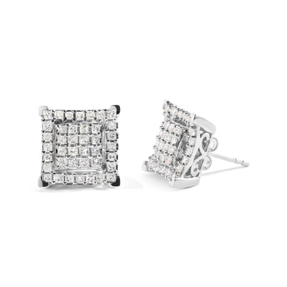 Pair of square-shaped white metal earrings with prong-set white princess-shaped gemstones, shown from front and side angles on a white background.
