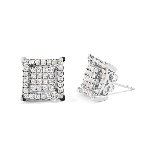Pair of square-shaped white metal earrings with prong-set white princess-shaped gemstones, shown from front and side angles on a white background.