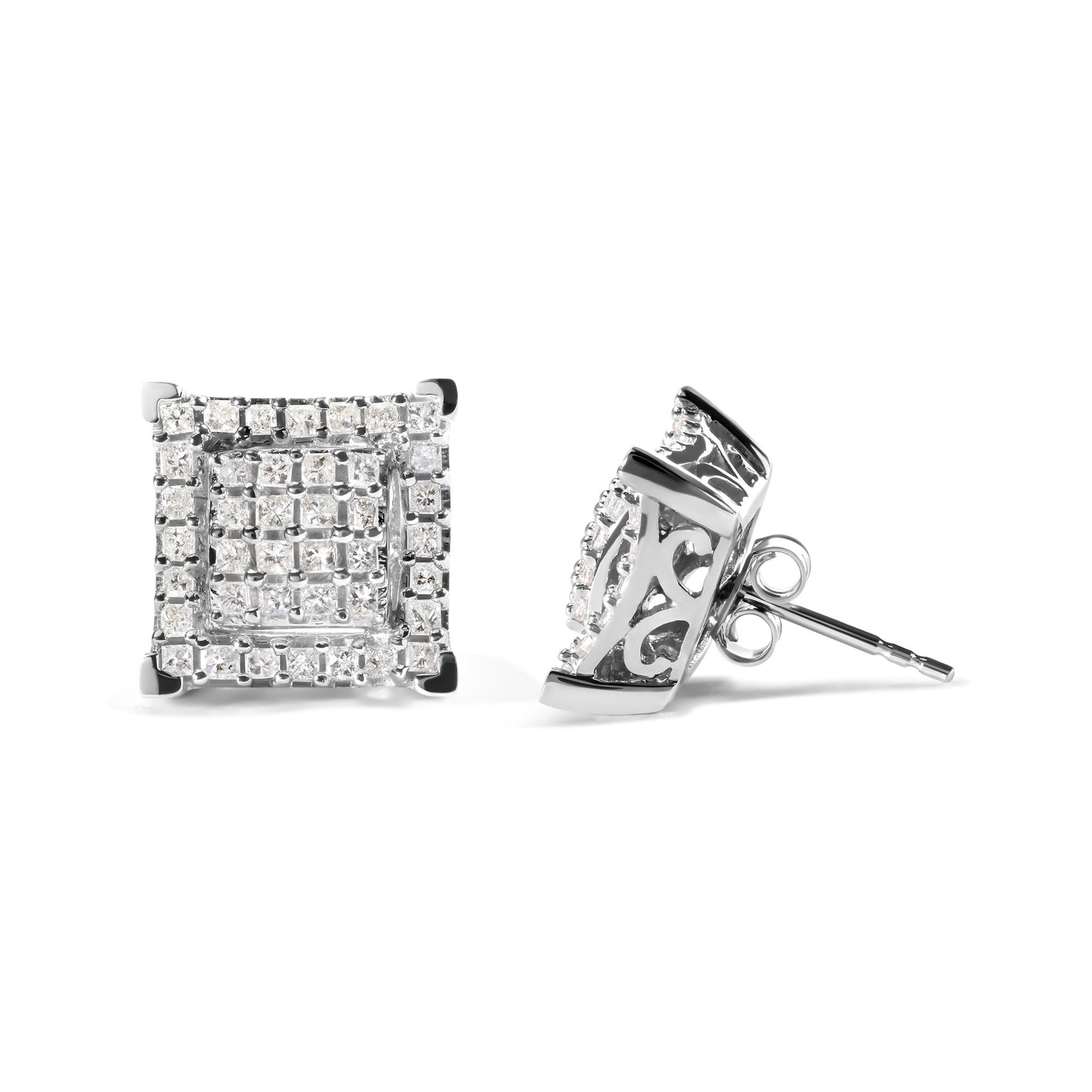 Pair of square white metal stud earrings with prong-set white princess-shaped gemstones, one shown from front and the other from side, on a white background.