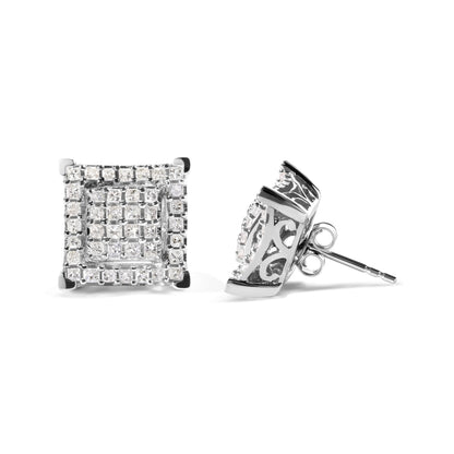 Pair of square white metal stud earrings with prong-set white princess-shaped gemstones, one shown from front and the other from side, on a white background.