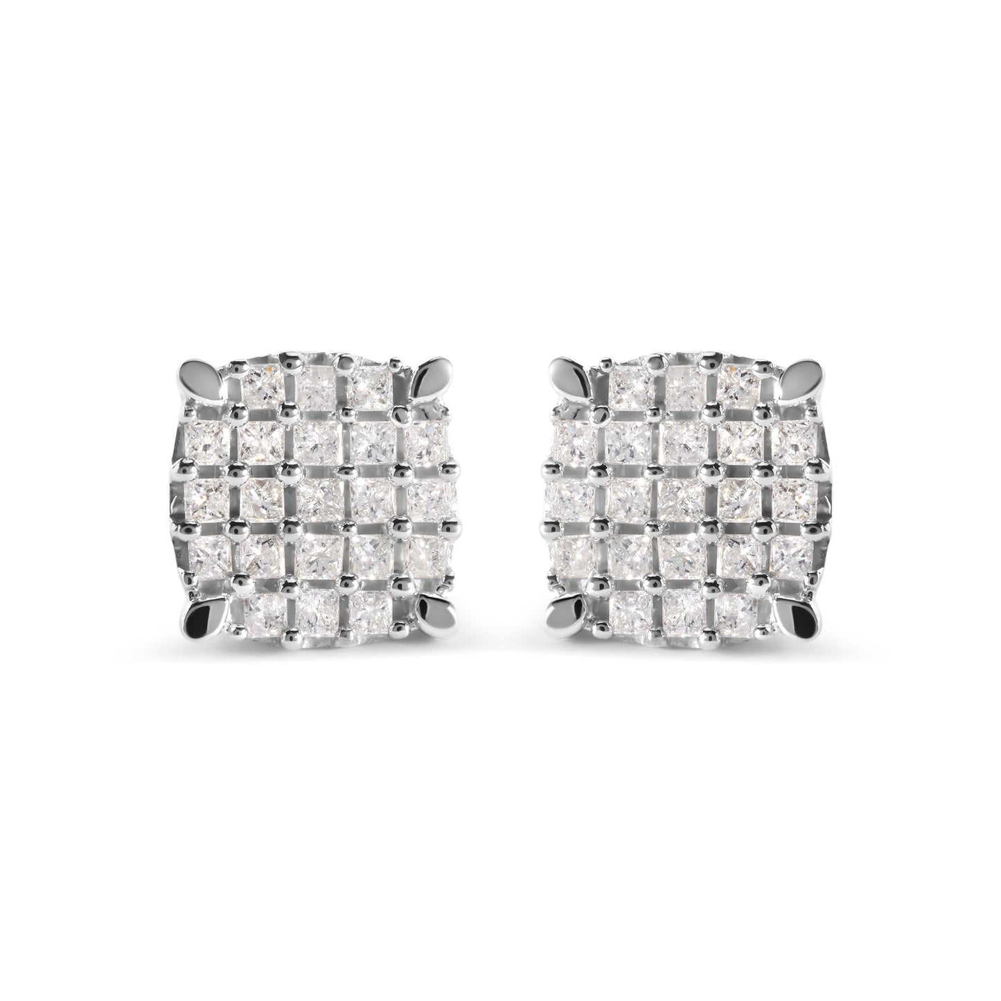 Front view of a pair of white metal square-shaped earrings with multiple white princess-cut gemstones in prong settings.