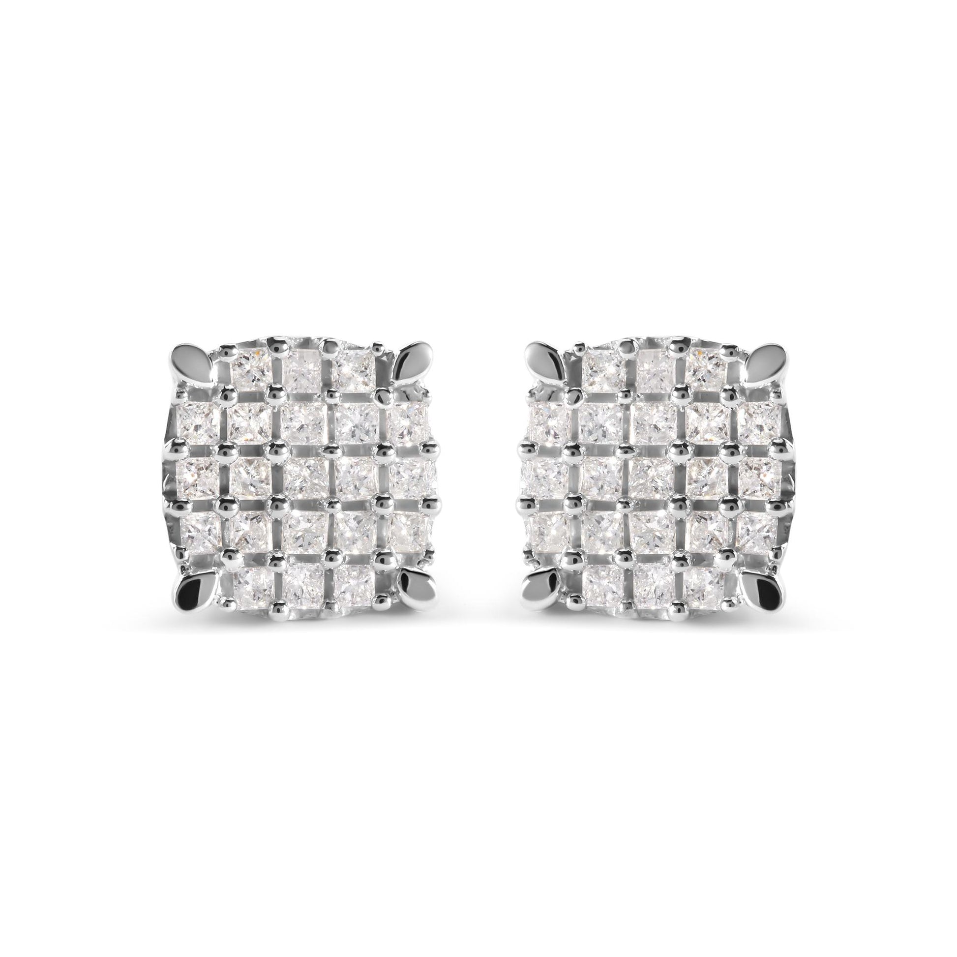 Front view of a pair of white metal square-shaped earrings with multiple white princess-cut gemstones in prong settings.