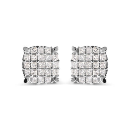 Front view of a pair of white metal square-shaped earrings with multiple white princess-cut gemstones in prong settings.
