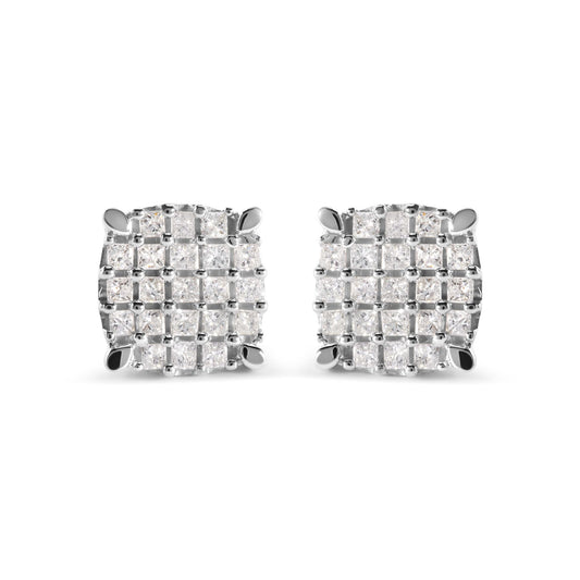 Front view of a pair of white metal square-shaped earrings with multiple white princess-cut gemstones in prong settings.