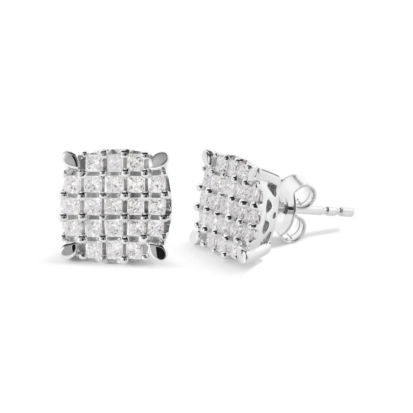 Pair of white metal square stud earrings with princess-shaped white gemstones in prong settings, shown from a front and side angle.