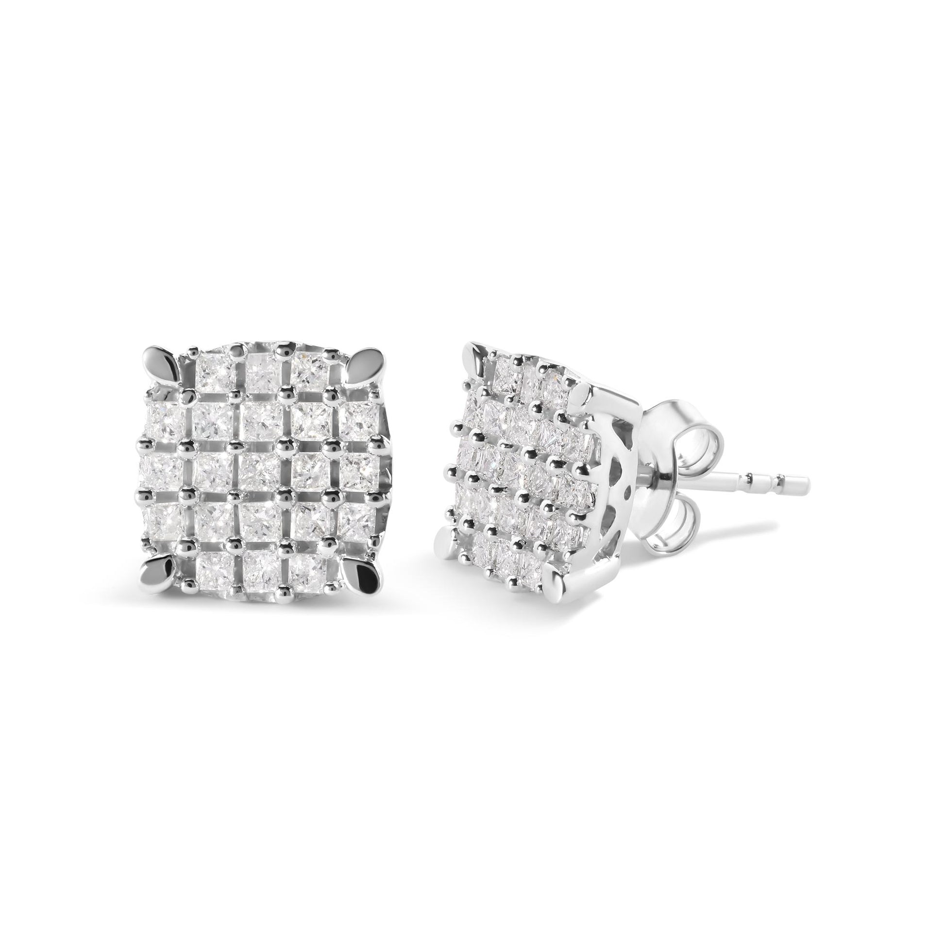 Pair of white metal square stud earrings with princess-shaped white gemstones in prong settings, shown from a front and side angle.
