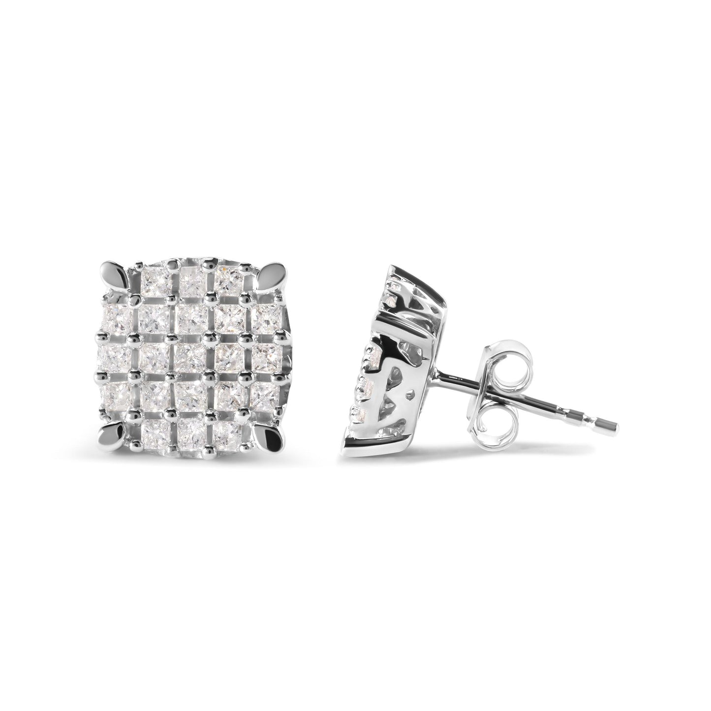 Pair of square-shaped white metal earrings with prong-set princess-shaped white gemstones, shown from front and side angles.