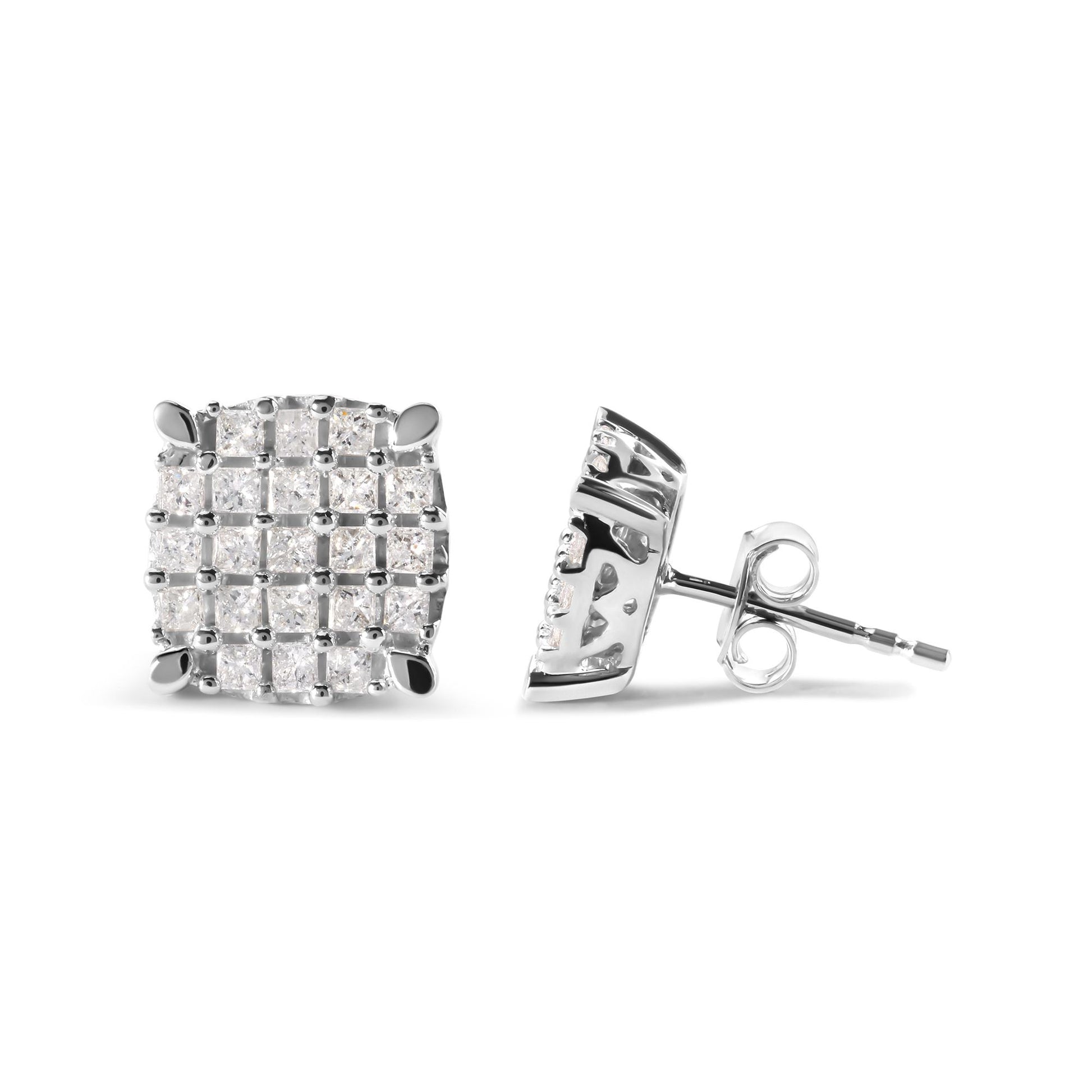 Pair of square-shaped white metal earrings with prong-set princess-shaped white gemstones, shown from front and side angles.