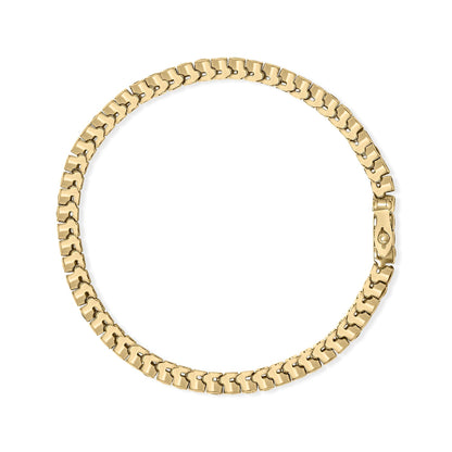 Yellow metal bracelet with linked rectangular segments, top-down view, no visible gemstones.