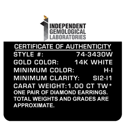 Image shows a pair of white metal stud earrings with round white gemstones in a 4-prong setting, displayed against a white background from a frontal angle.