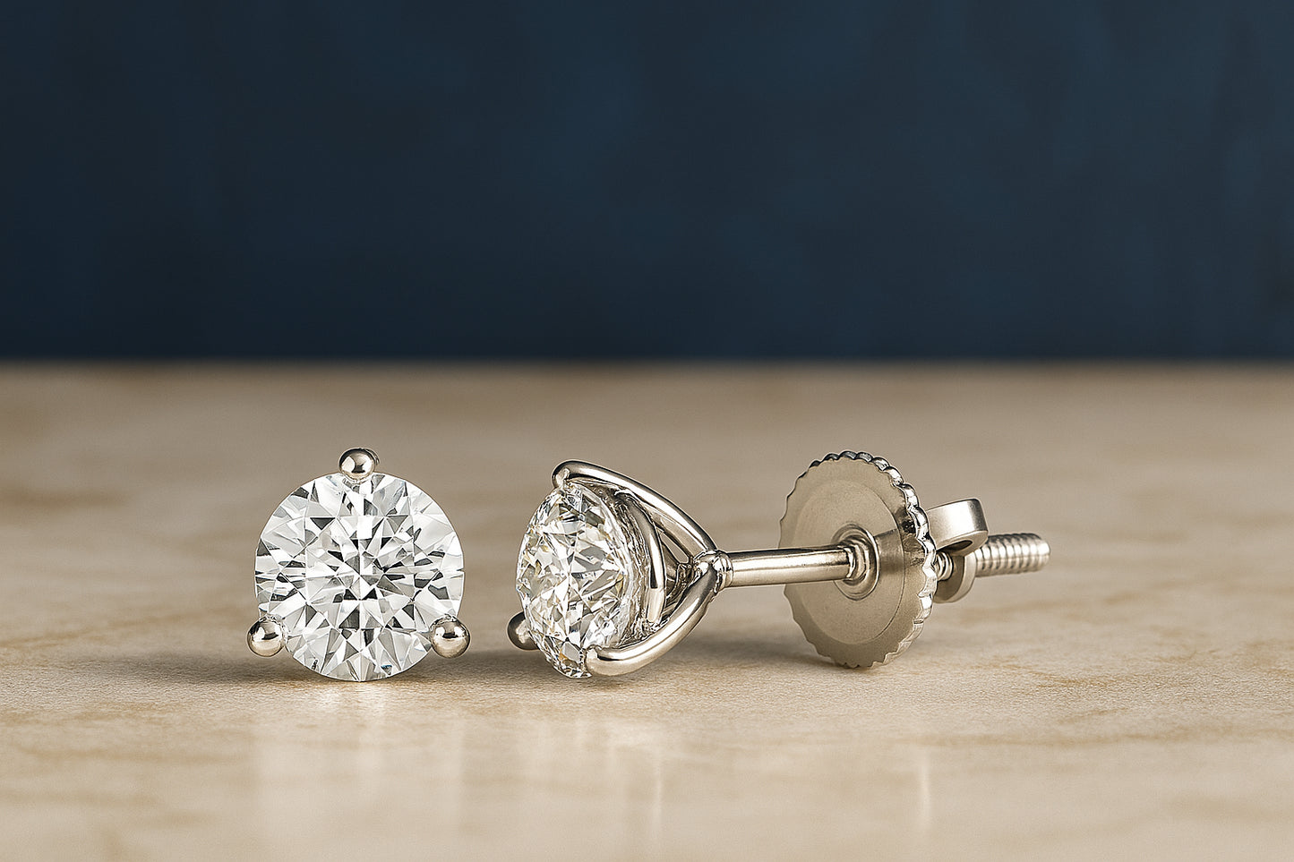 Close-up front and side view of a pair of white metal stud earrings with round white gemstones set in a three-prong setting, shown on a flat surface.