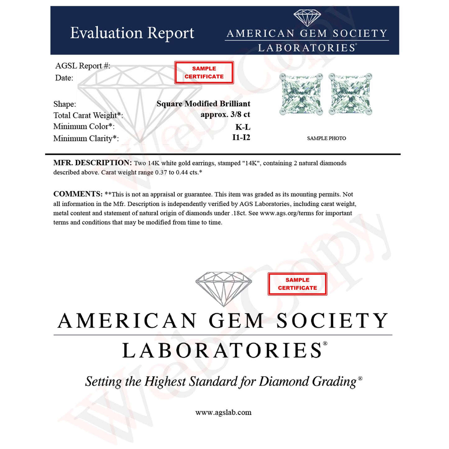 Alt text: Pair of white metal square-shaped stud earrings with white princess-shaped gemstones in four-prong settings, shown at a front angle.