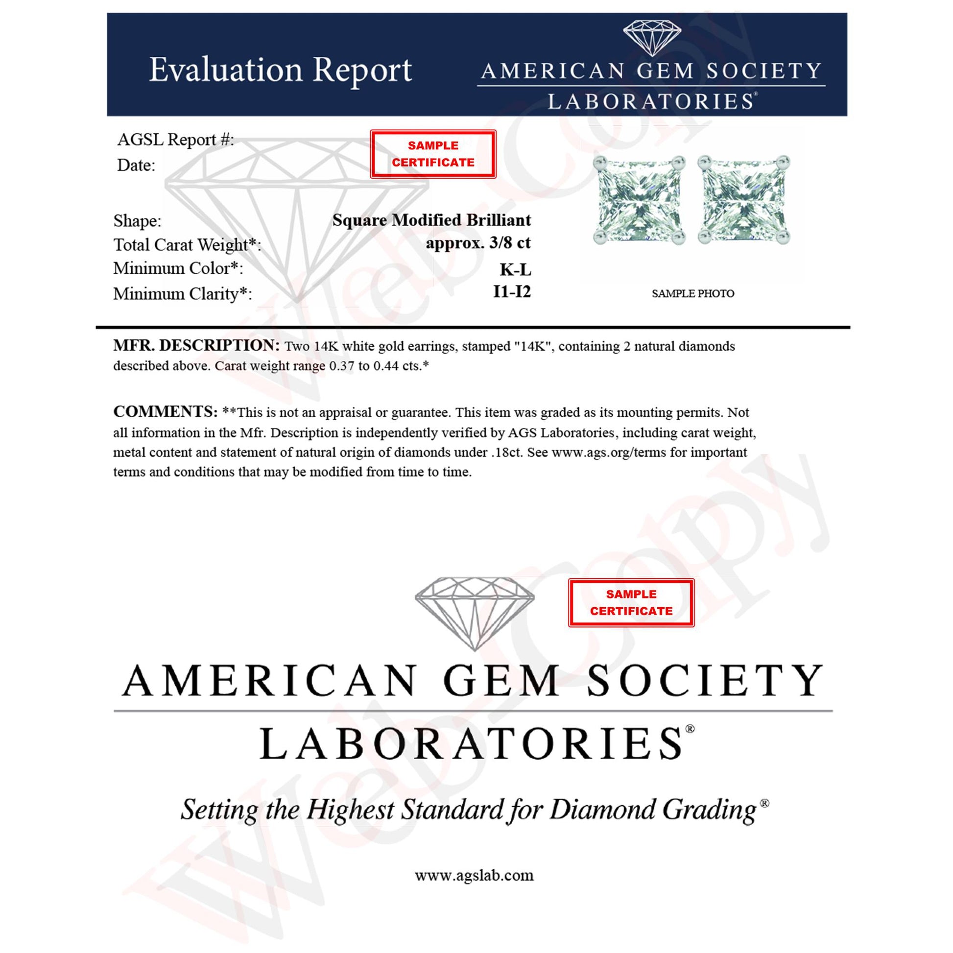 Alt text: Pair of white metal square-shaped stud earrings with white princess-shaped gemstones in four-prong settings, shown at a front angle.