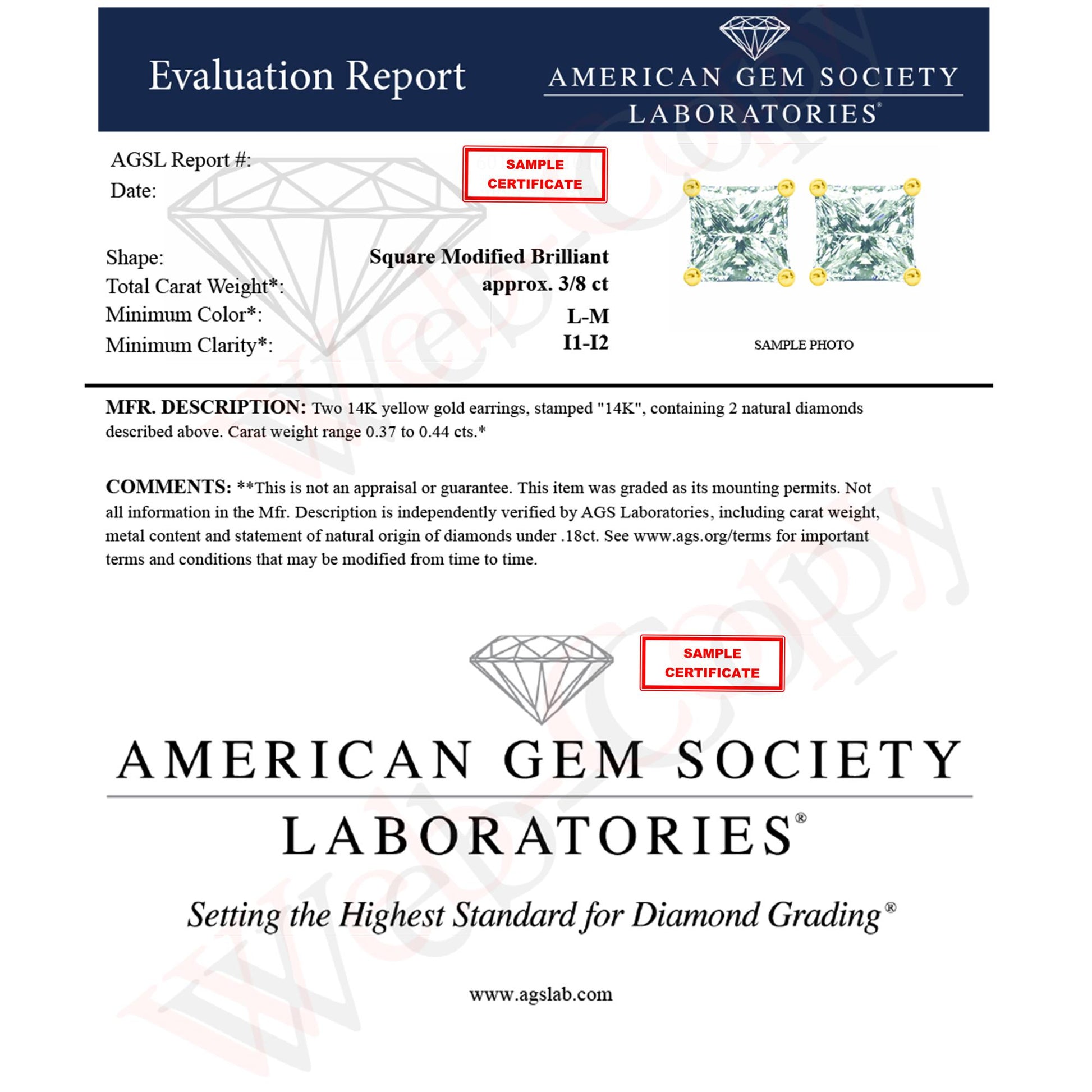 Pair of yellow metal square-shaped earrings with white princess-cut gemstones in four-prong settings, shown at a slight angle.
