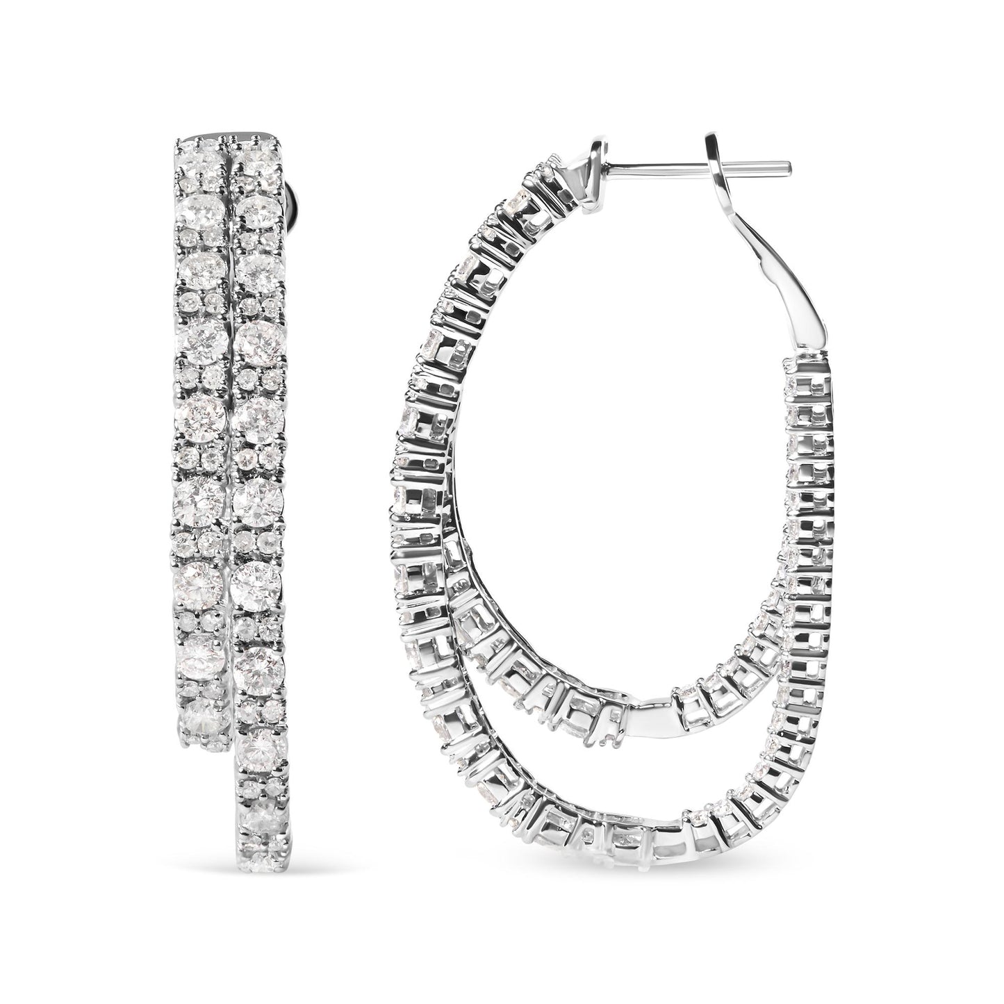 Pair of white metal hoop earrings with prong-set round white gemstones, shown from front and side angle.