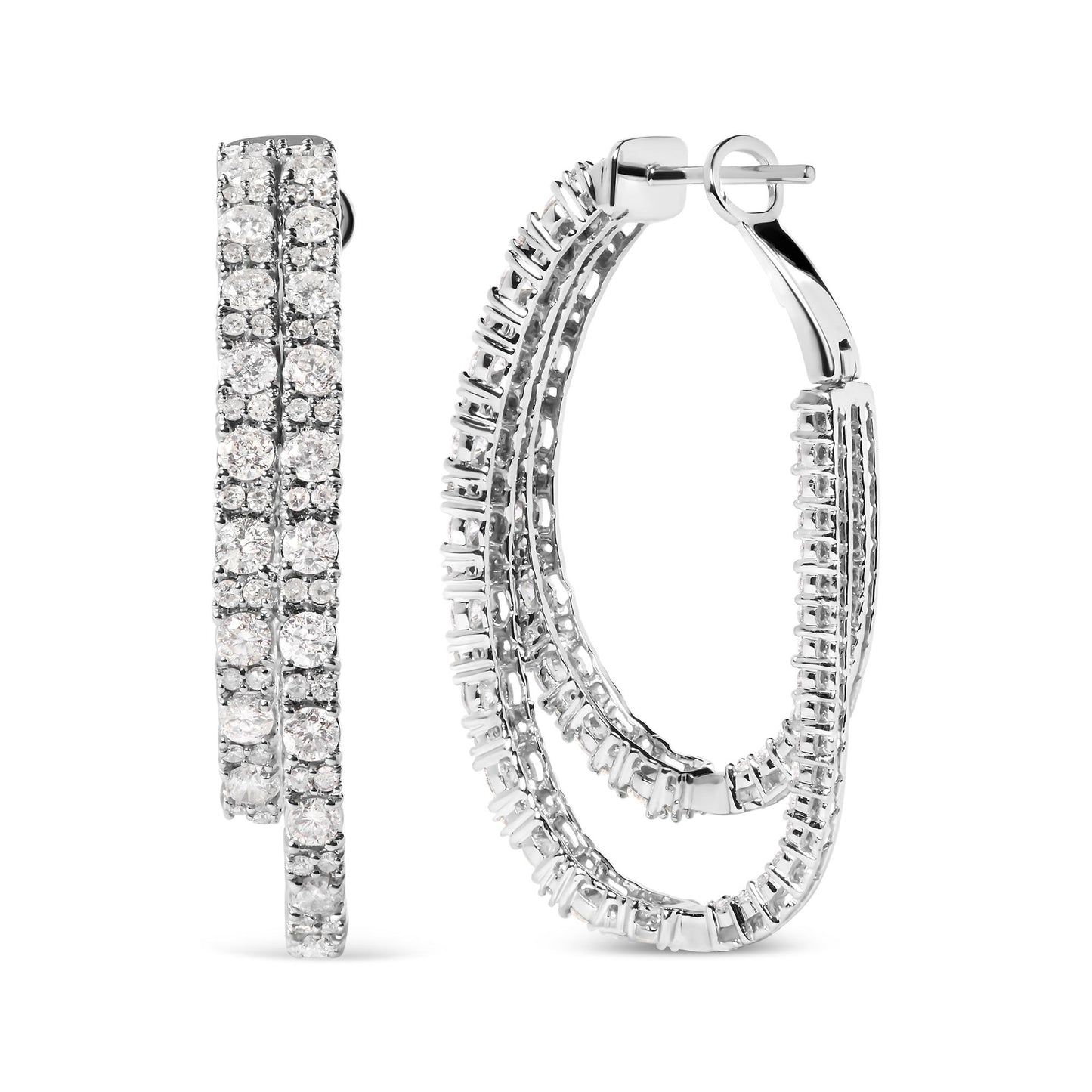Pair of white metal hoop earrings with multiple rows of round white gemstones in prong settings, shown from the front and side angles.