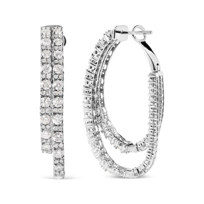 Pair of white metal hoop earrings with multiple rows of round white gemstones in prong settings, shown from the front and side angles.