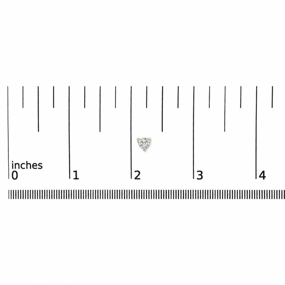 Single yellow metal round stud earring with a white gemstone in a 3-prong setting shown on a measurement scale, front view.
