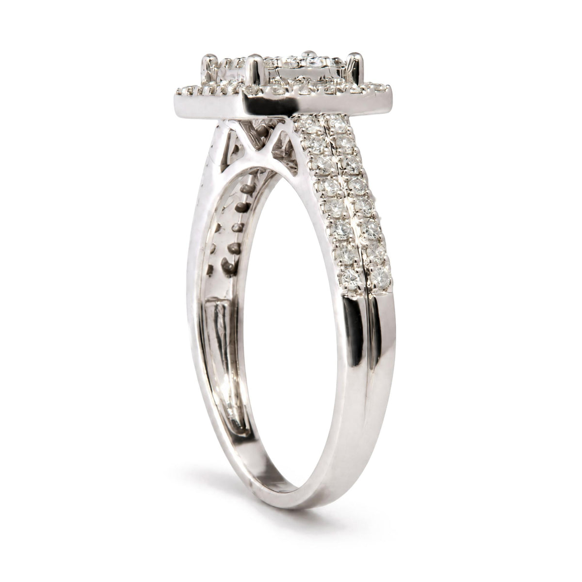 Close-up front angle view of a white metal ring featuring a raised square setting with white round gemstones in prong settings encircling the top and a double row of white round gemstones along the band.