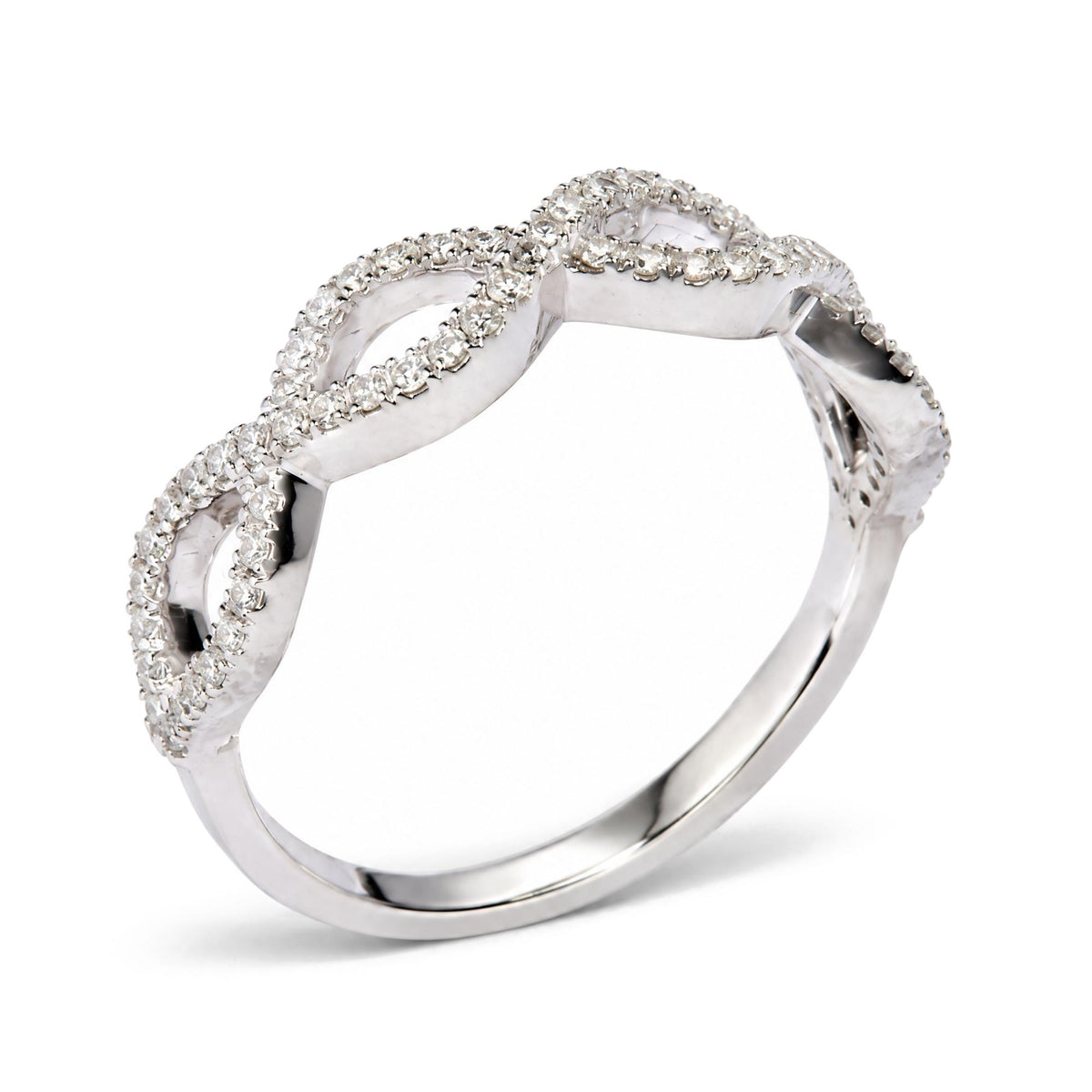 Close-up angled view of a white metal ring featuring multiple round white gemstones set in prong settings forming interlocking loops on the band.