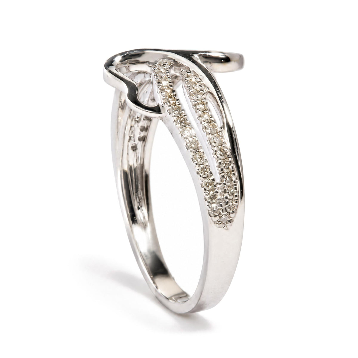 Close-up front angle of a white metal ring featuring two parallel rows of small round white gemstones in prong settings intertwined with a smooth metal loop.