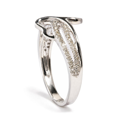 Close-up front angle of a white metal ring featuring two parallel rows of small round white gemstones in prong settings intertwined with a smooth metal loop.