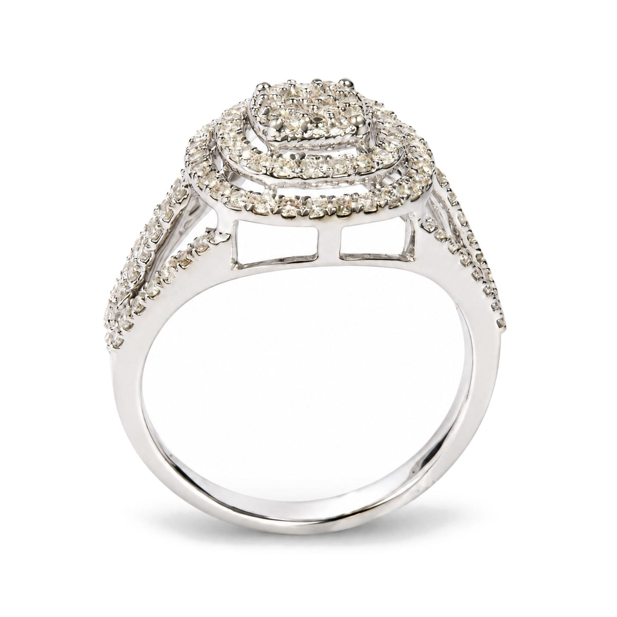Close-up front angle of a white metal ring featuring multiple rows of round white gemstones in prong settings.