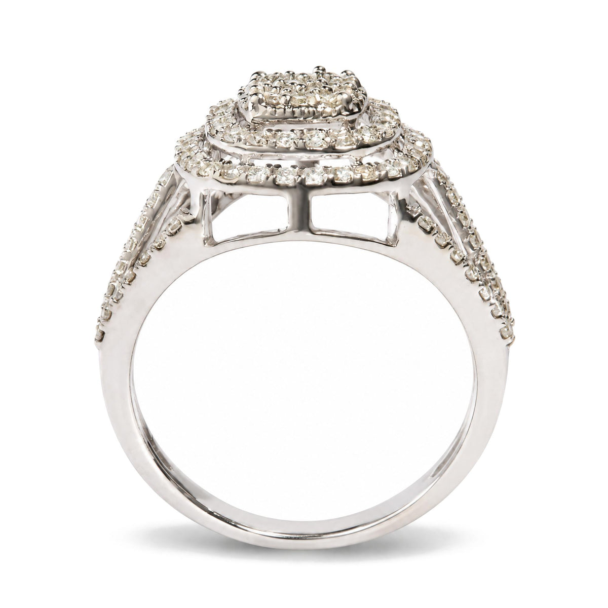 Close-up front angle of a white metal ring with a tiered square top, adorned with multiple round white gemstones in prong settings along the band and top.