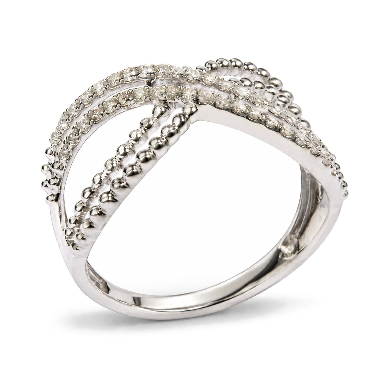Close-up front angle of a white metal ring featuring intersecting bands adorned with round white gemstones in prong settings and polished metal bead accents.