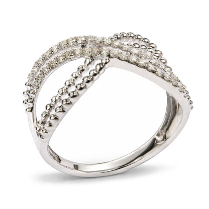 Close-up front angle of a white metal ring featuring intersecting bands adorned with round white gemstones in prong settings and polished metal bead accents.