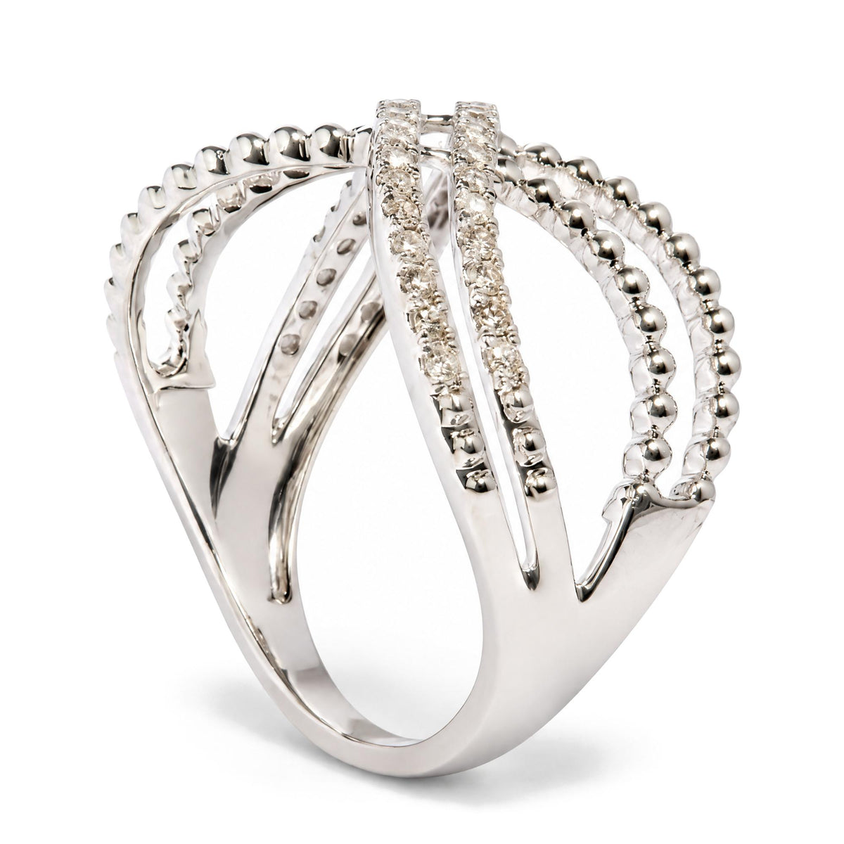 Close-up front angle of a white metal ring featuring multiple intertwined bands, with some bands adorned with round white gemstones in prong settings.