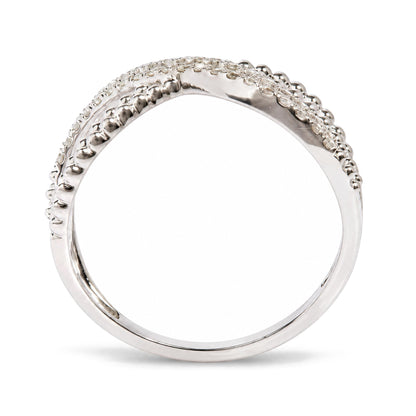 Close-up angled view of a white metal ring featuring two rows of round white gemstones set in prong settings.