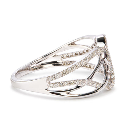 Close-up side angle of a white metal ring with multiple intertwined bands adorned with prong-set round white gemstones.