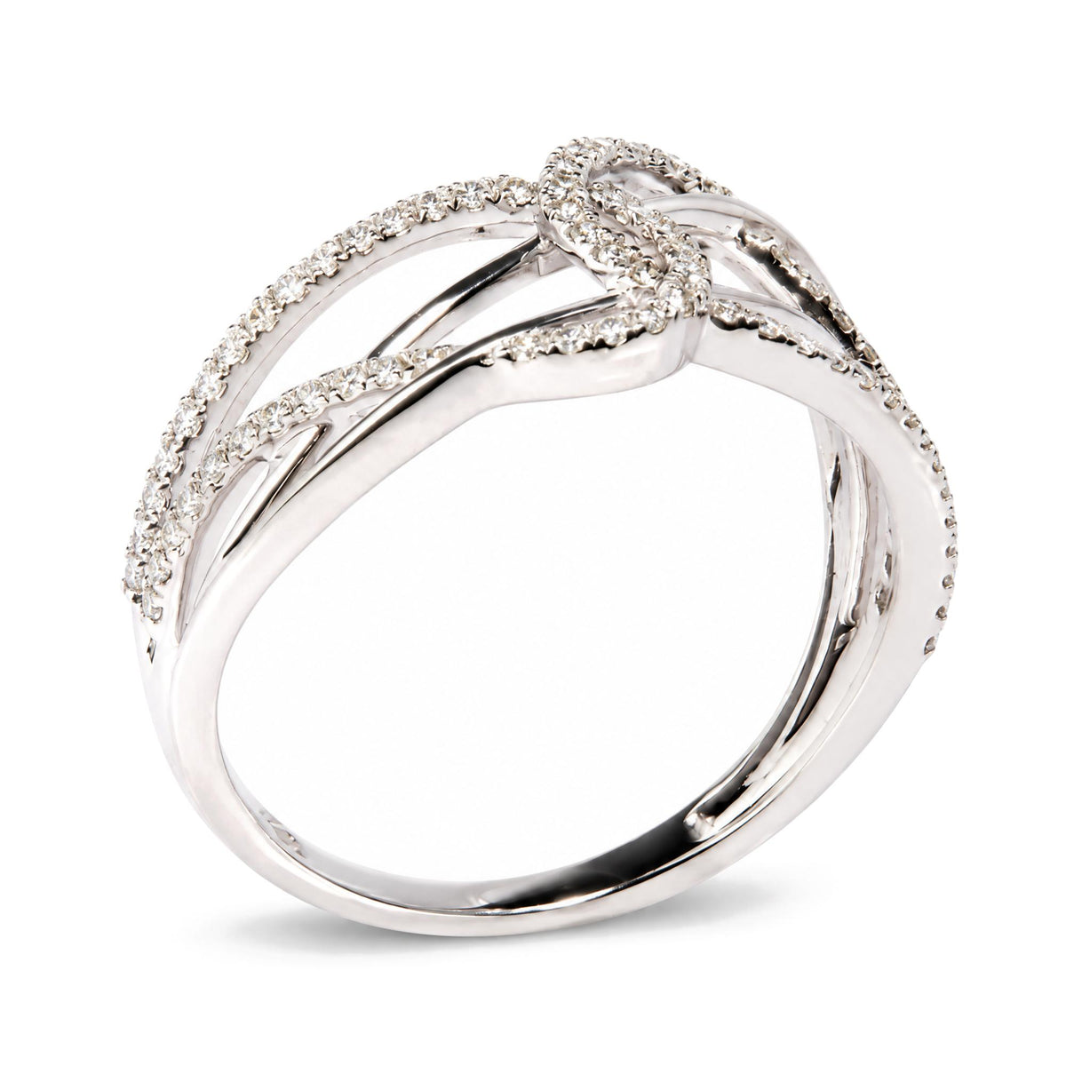 Close-up angled view of a white ring featuring intertwined bands adorned with round white gemstones in prong settings.