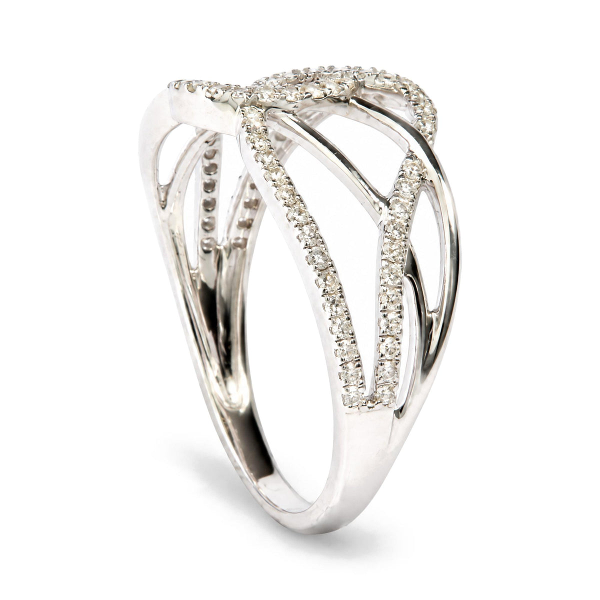 White metal ring with an open, crisscross design featuring multiple bands set with small round white gemstones in prong settings, shown in a close-up front angle.