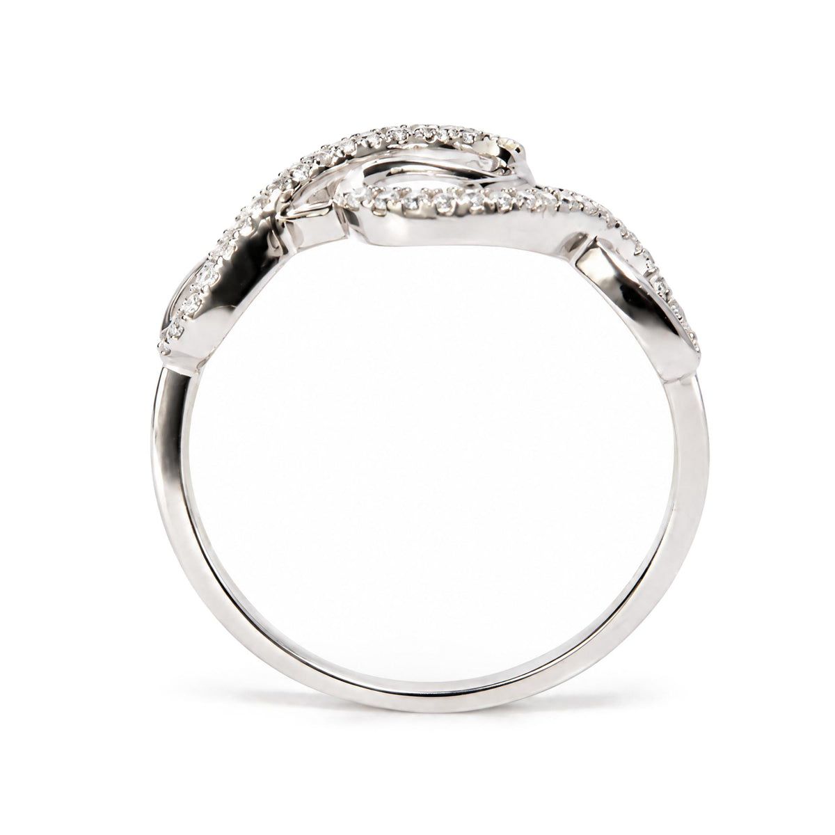Close-up front angle of a white ring featuring two overlapping bands adorned with round white gemstones in prong settings.