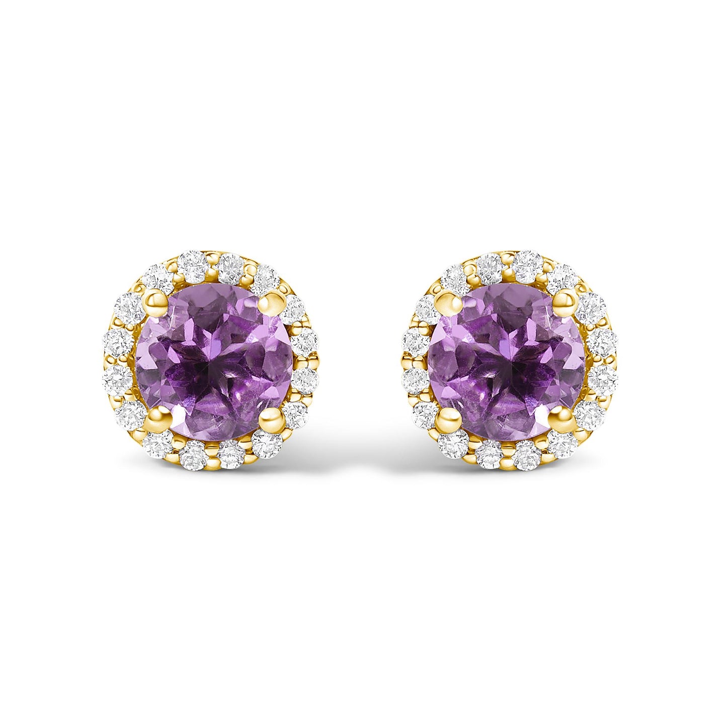 Front view of a pair of yellow metal round stud earrings featuring a central round purple gemstone, surrounded by a circle of small round white gemstones in shared prong settings.