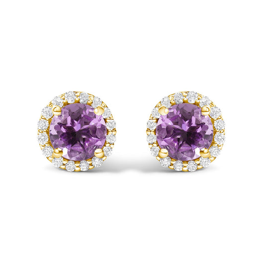 Front view of a pair of yellow metal round stud earrings featuring a central round purple gemstone, surrounded by a circle of small round white gemstones in shared prong settings.