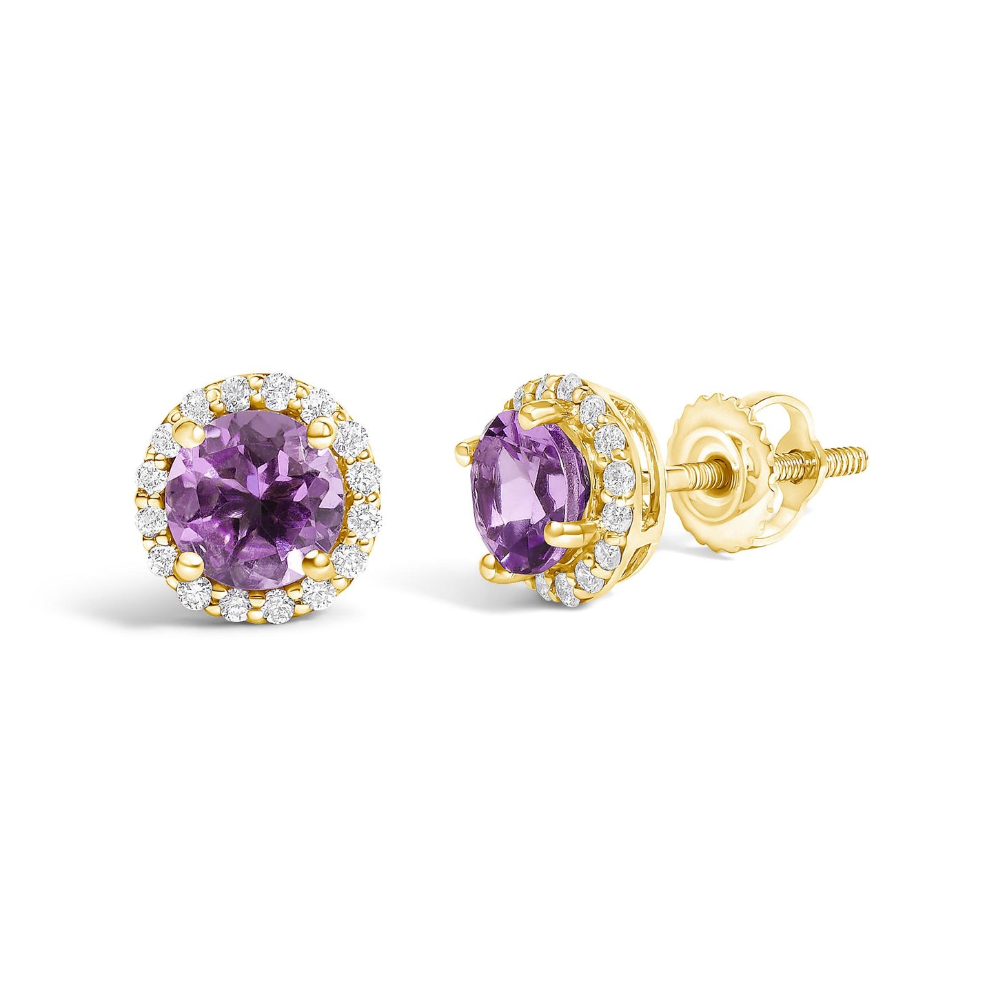 Pair of round-shaped yellow metal stud earrings with central purple gemstones surrounded by small white gemstones, shown in a front and side angled view on a white background.