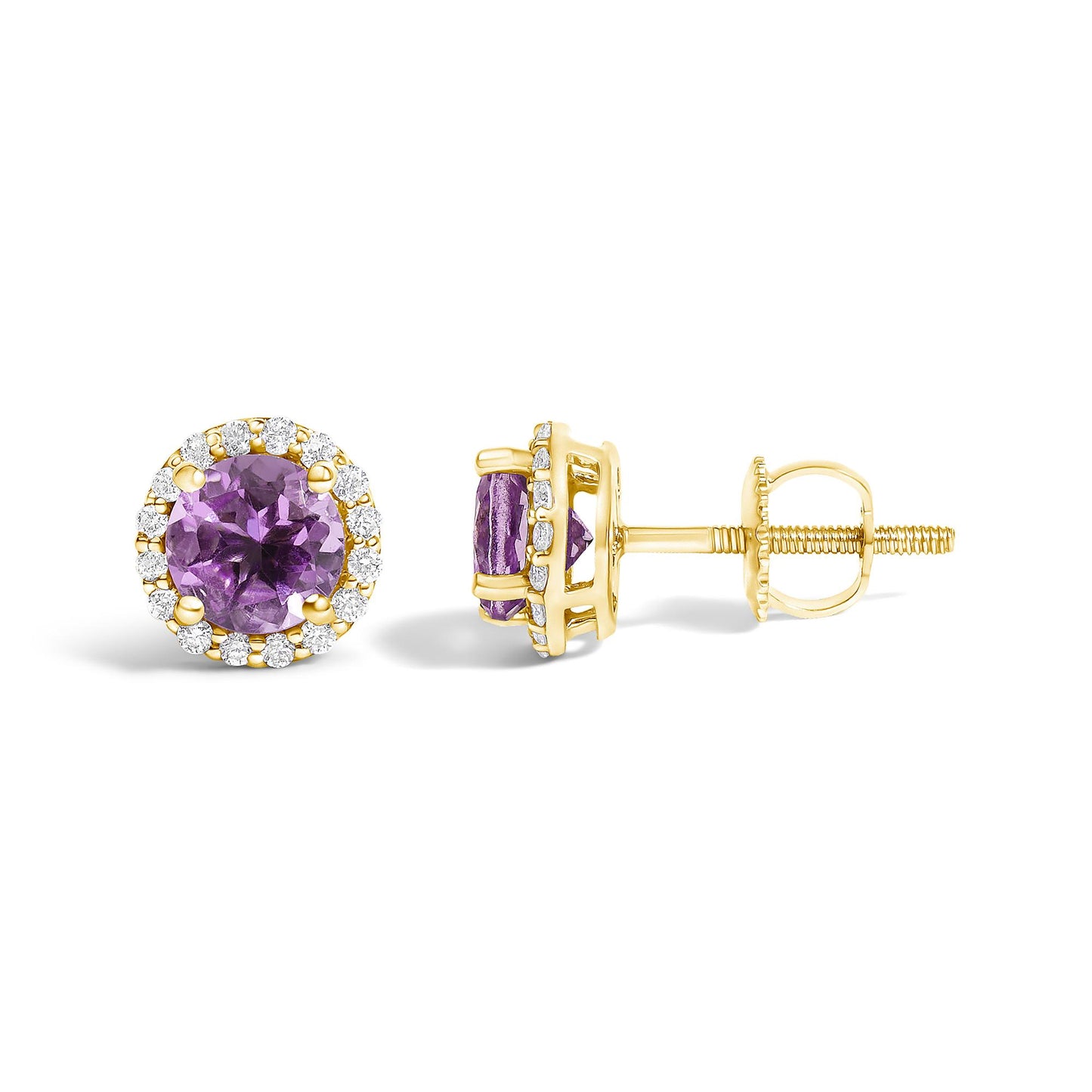 Pair of yellow metal stud earrings shown from the front and side angles, each featuring a round purple gemstone center surrounded by small white gemstones in a circular arrangement with a screw-back closure.