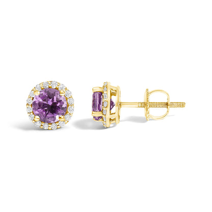 Pair of yellow metal stud earrings shown from the front and side angles, each featuring a round purple gemstone center surrounded by small white gemstones in a circular arrangement with a screw-back closure.