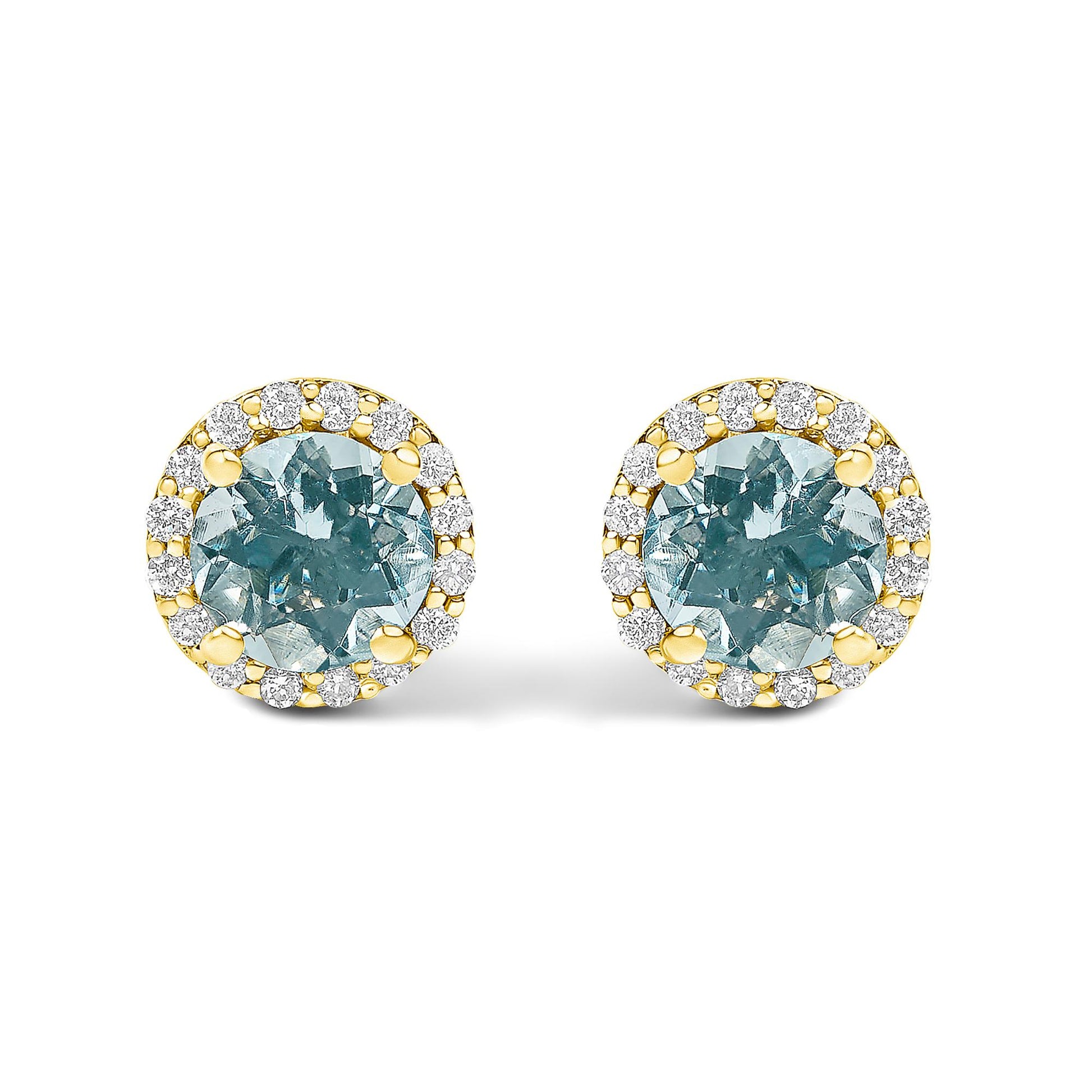 Pair of yellow metal stud earrings with round blue gemstones in the center, surrounded by a circle of small white gemstones, shown from the front against a white background.