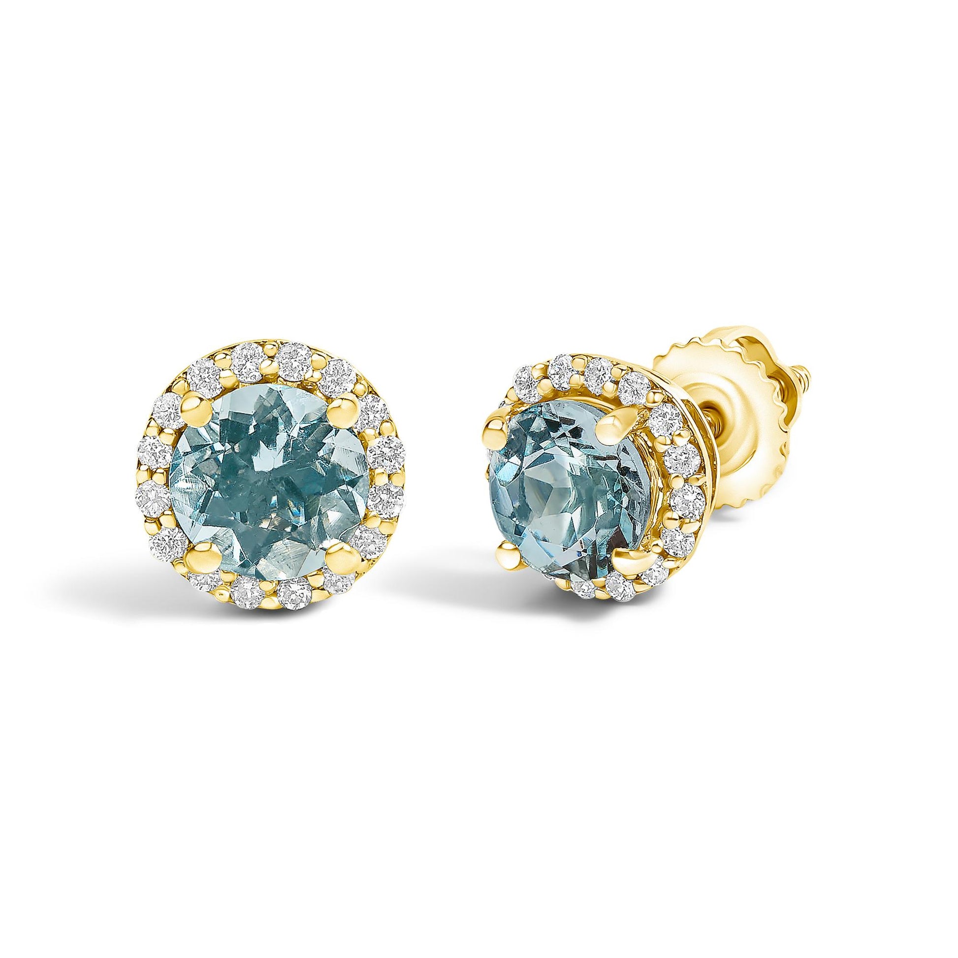 Pair of round stud earrings with a central blue round gemstone held by four prongs, surrounded by a halo of small white round gemstones in a shared prong setting, shown in a front and angled view on a white background.